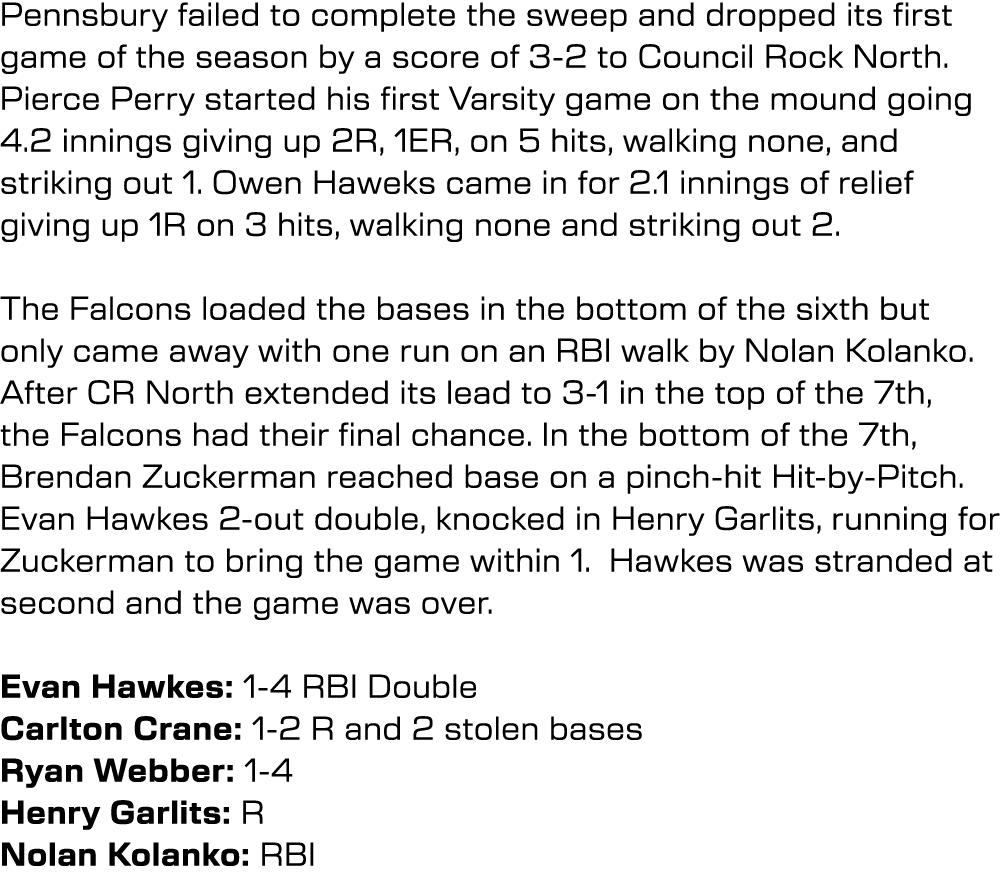 Pennsbury failed to complete the sweep and dropped its first game of the season by a score of 3 2 to Council Rock Nor...