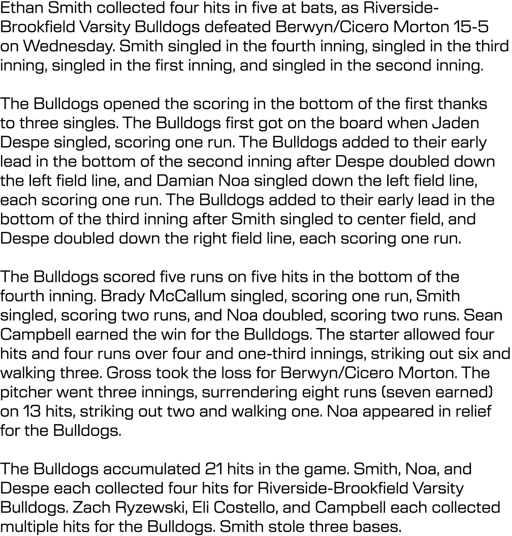 Ethan Smith collected four hits in five at bats, as Riverside Brookfield Varsity Bulldogs defeated Berwyn/Cicero Mort...