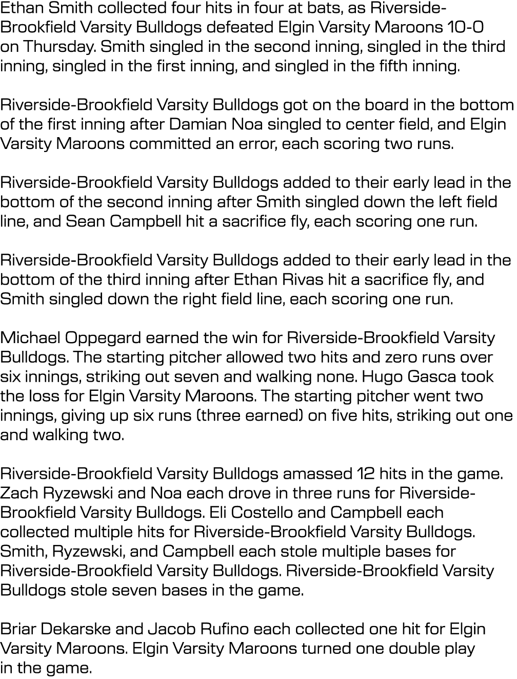 Ethan Smith collected four hits in four at bats, as Riverside Brookfield Varsity Bulldogs defeated Elgin Varsity Maro...