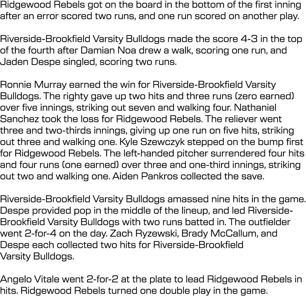 Ridgewood Rebels got on the board in the bottom of the first inning after an error scored two runs, and one run score...