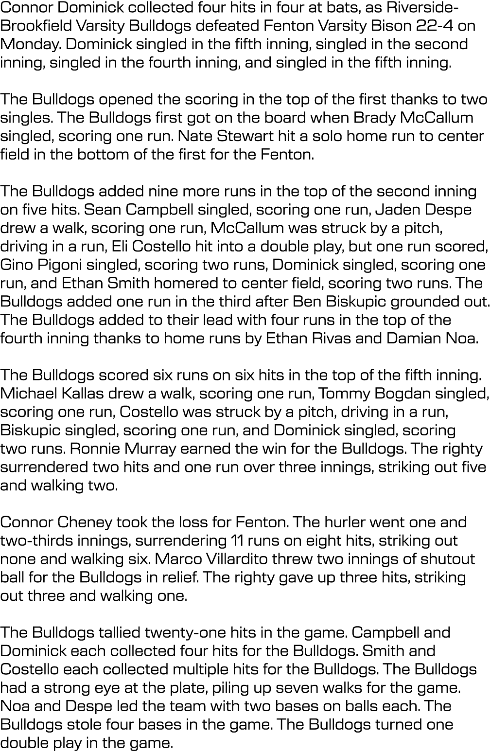 Connor Dominick collected four hits in four at bats, as Riverside Brookfield Varsity Bulldogs defeated Fenton Varsity...