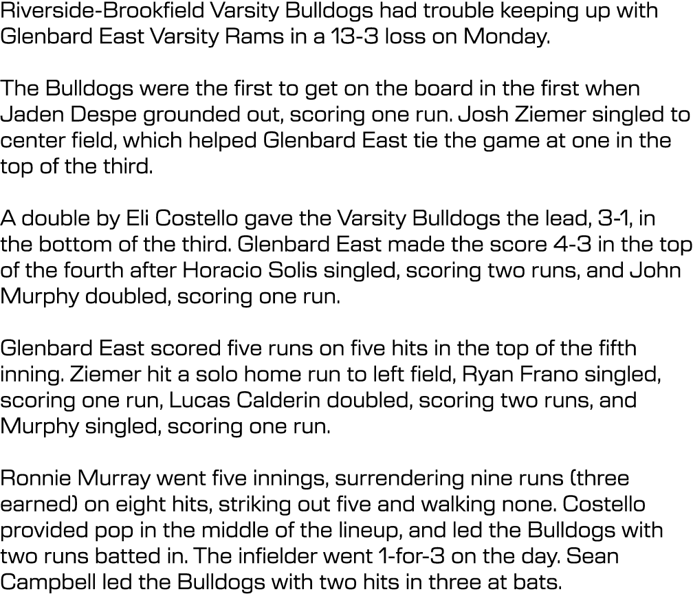 Riverside Brookfield Varsity Bulldogs had trouble keeping up with Glenbard East Varsity Rams in a 13 3 loss on Monday...