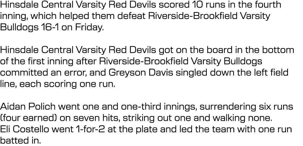 Hinsdale Central Varsity Red Devils scored 10 runs in the fourth inning, which helped them defeat Riverside Brookfiel...