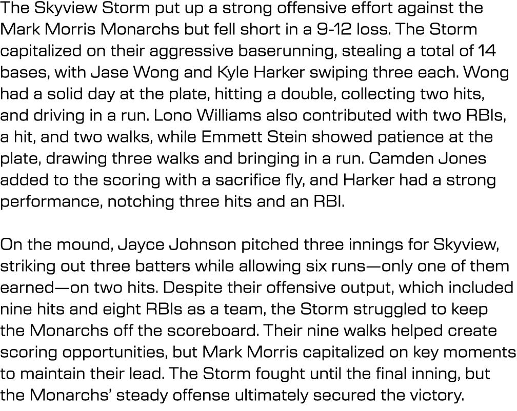 The Skyview Storm put up a strong offensive effort against the Mark Morris Monarchs but fell short in a 9 12 loss. Th...