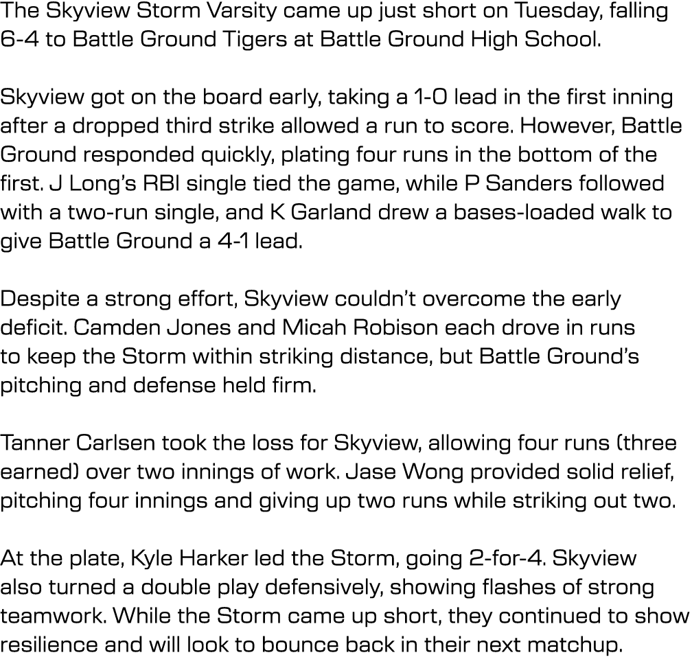 The Skyview Storm Varsity came up just short on Tuesday, falling 6 4 to Battle Ground Tigers at Battle Ground High Sc...