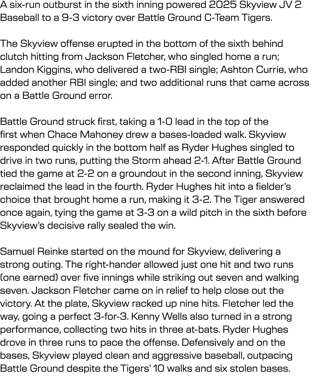 A six run outburst in the sixth inning powered 2025 Skyview JV 2 Baseball to a 9 3 victory over Battle Ground C Team ...