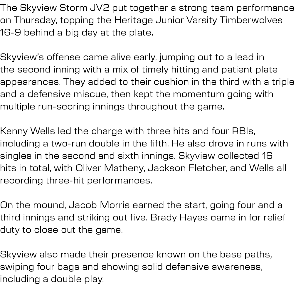 The Skyview Storm JV2 put together a strong team performance on Thursday, topping the Heritage Junior Varsity Timberw...