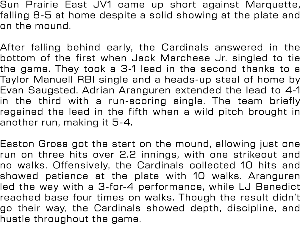 Sun Prairie East JV1 came up short against Marquette, falling 8 5 at home despite a solid showing at the plate and on...