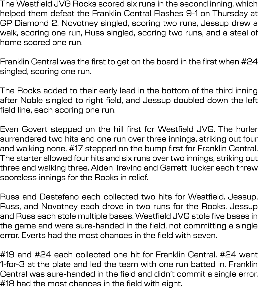 The Westfield JVG Rocks scored six runs in the second inning, which helped them defeat the Franklin Central Flashes 9...