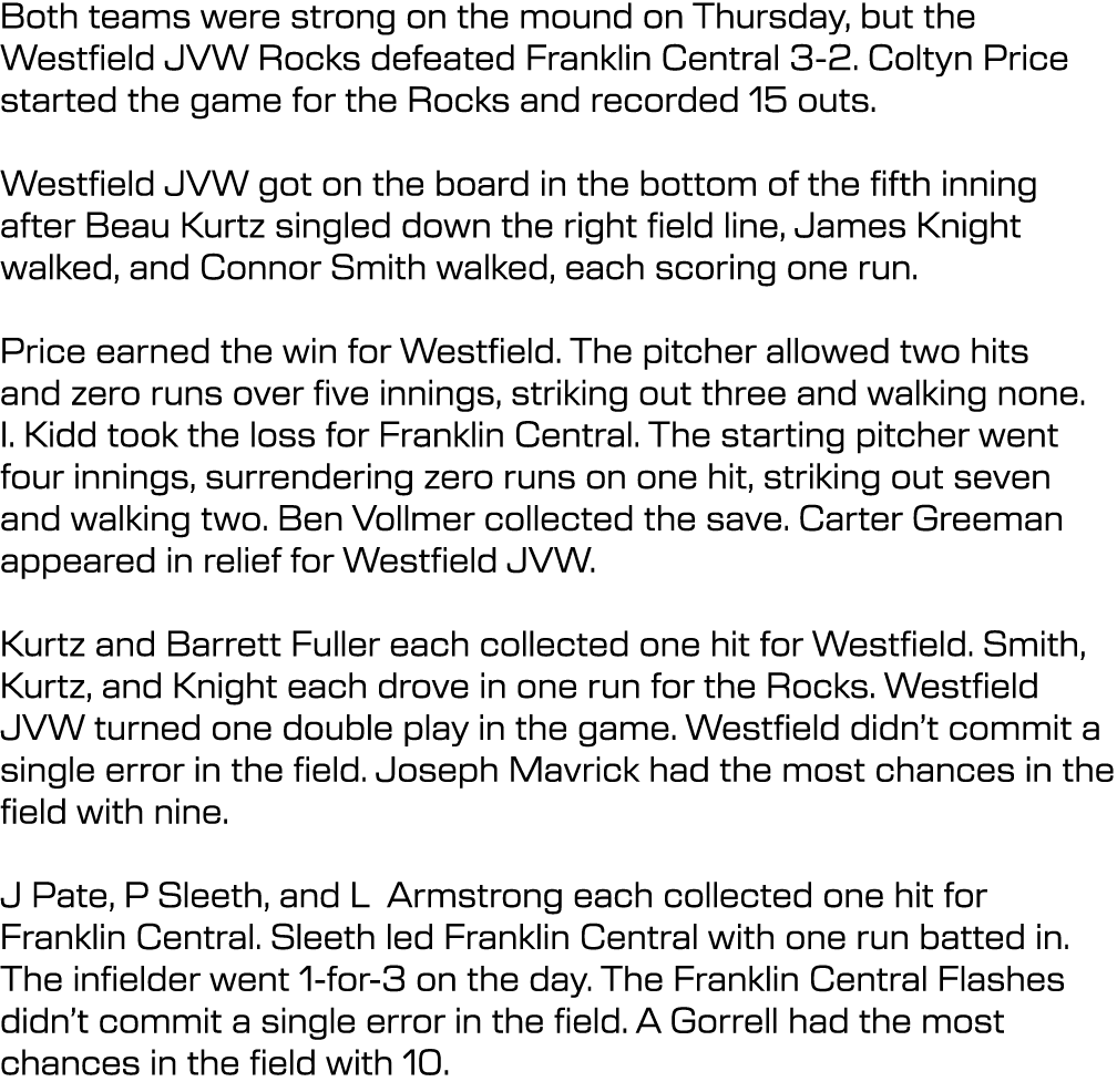 Both teams were strong on the mound on Thursday, but the Westfield JVW Rocks defeated Franklin Central 3-2. Coltyn Pr...