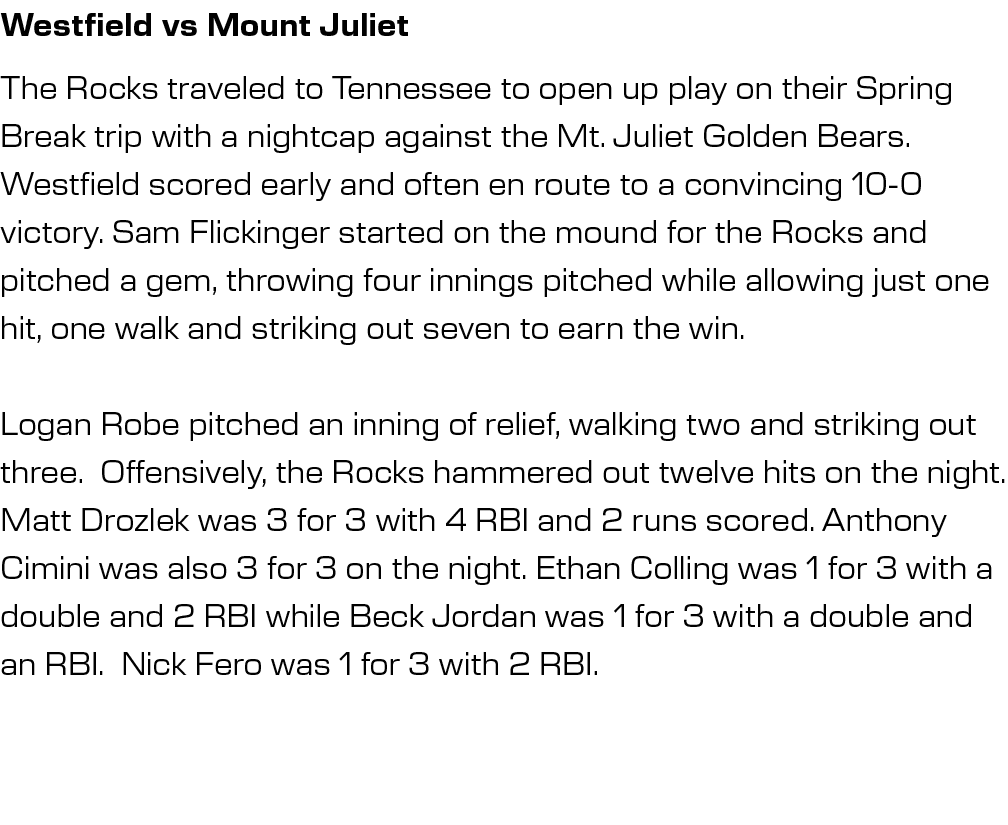 Westfield vs Mount Juliet,The Rocks traveled to Tennessee to open up play on their Spring Break trip with a nightcap ...