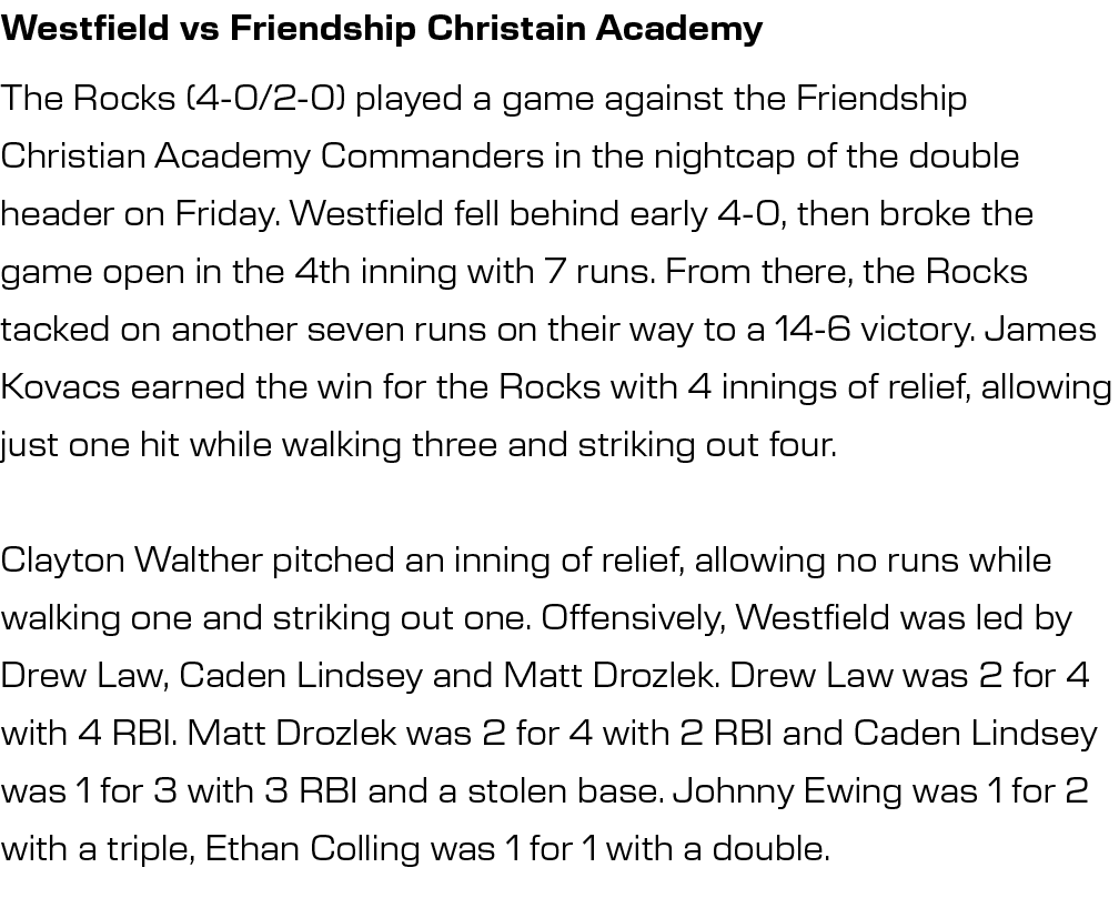 Westfield vs Friendship Christain Academy,The Rocks (4-0/2-0) played a game against the Friendship Christian Academy ...