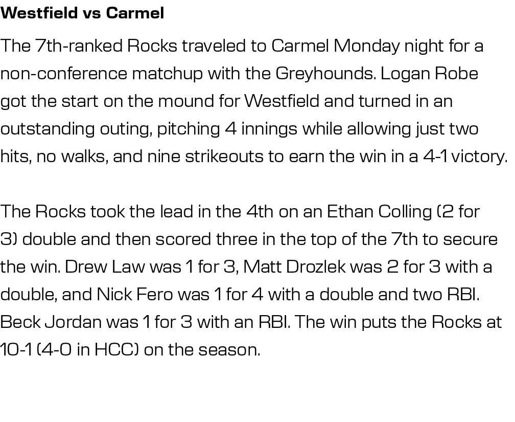 Westfield vs Carmel,The 7th-ranked Rocks traveled to Carmel Monday night for a non-conference matchup with the Greyho...