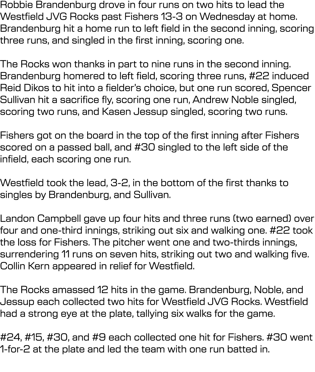 Robbie Brandenburg drove in four runs on two hits to lead the Westfield JVG Rocks past Fishers 13-3 on Wednesday at h...