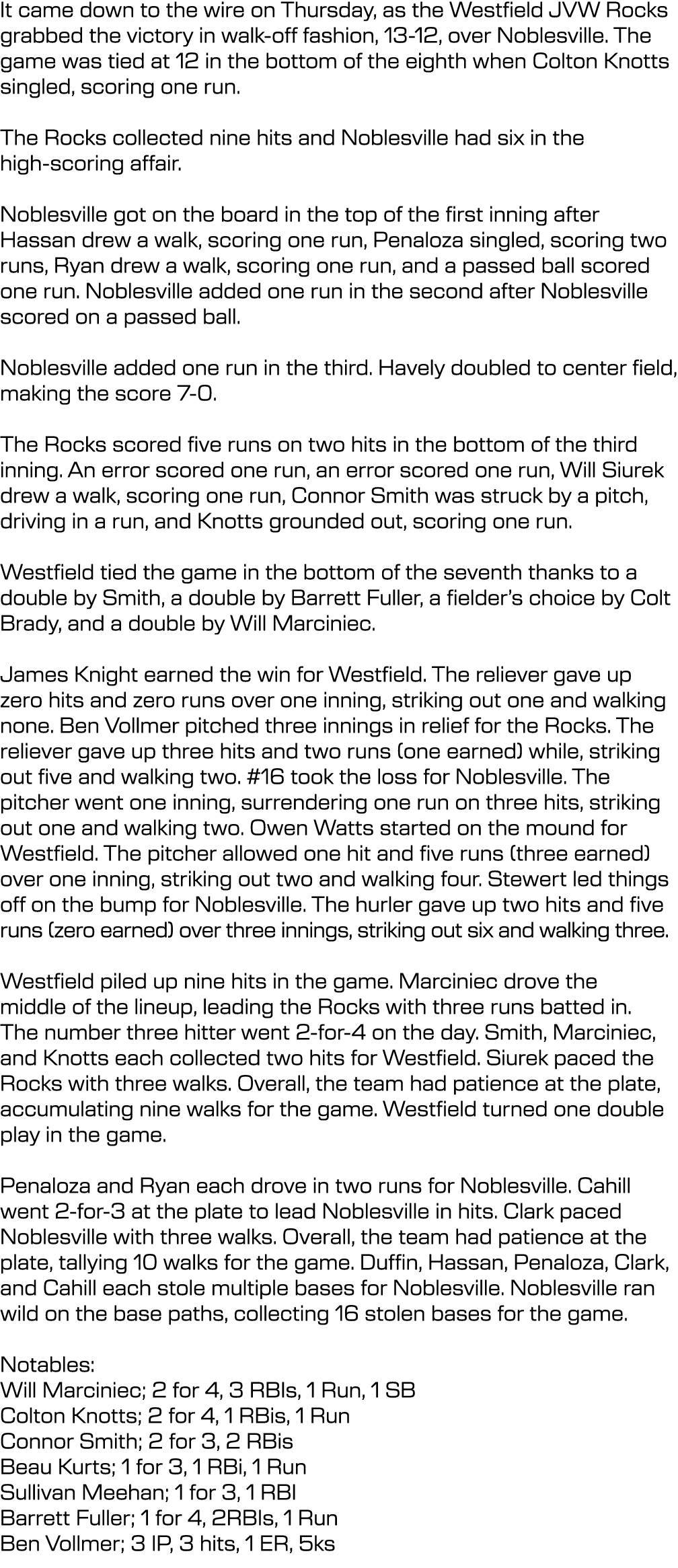 It came down to the wire on Thursday, as the Westfield JVW Rocks grabbed the victory in walk-off fashion, 13-12, over...