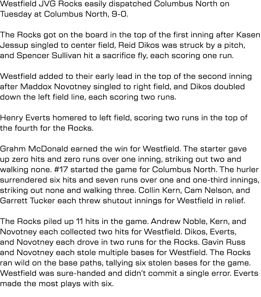 Westfield JVG Rocks easily dispatched Columbus North on Tuesday at Columbus North, 9-0. The Rocks got on the board in...