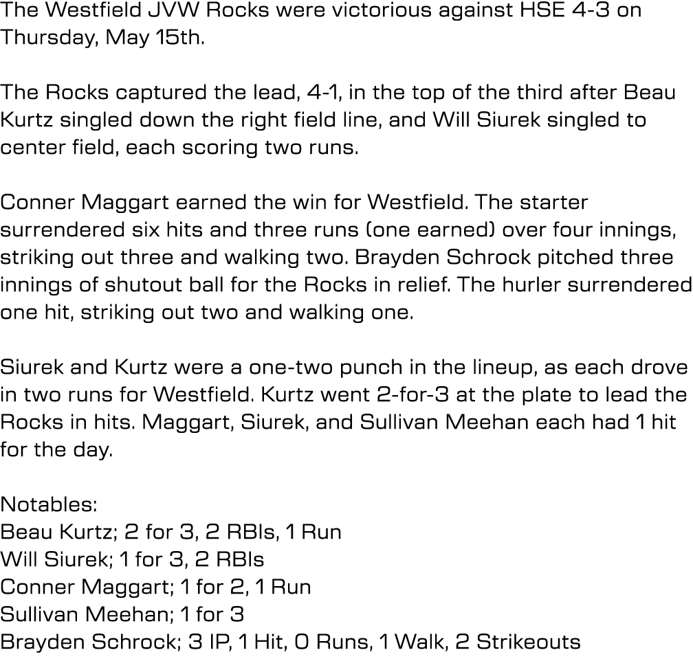 The Westfield JVW Rocks were victorious against HSE 4-3 on Thursday, May 15th. The Rocks captured the lead, 4-1, in t...