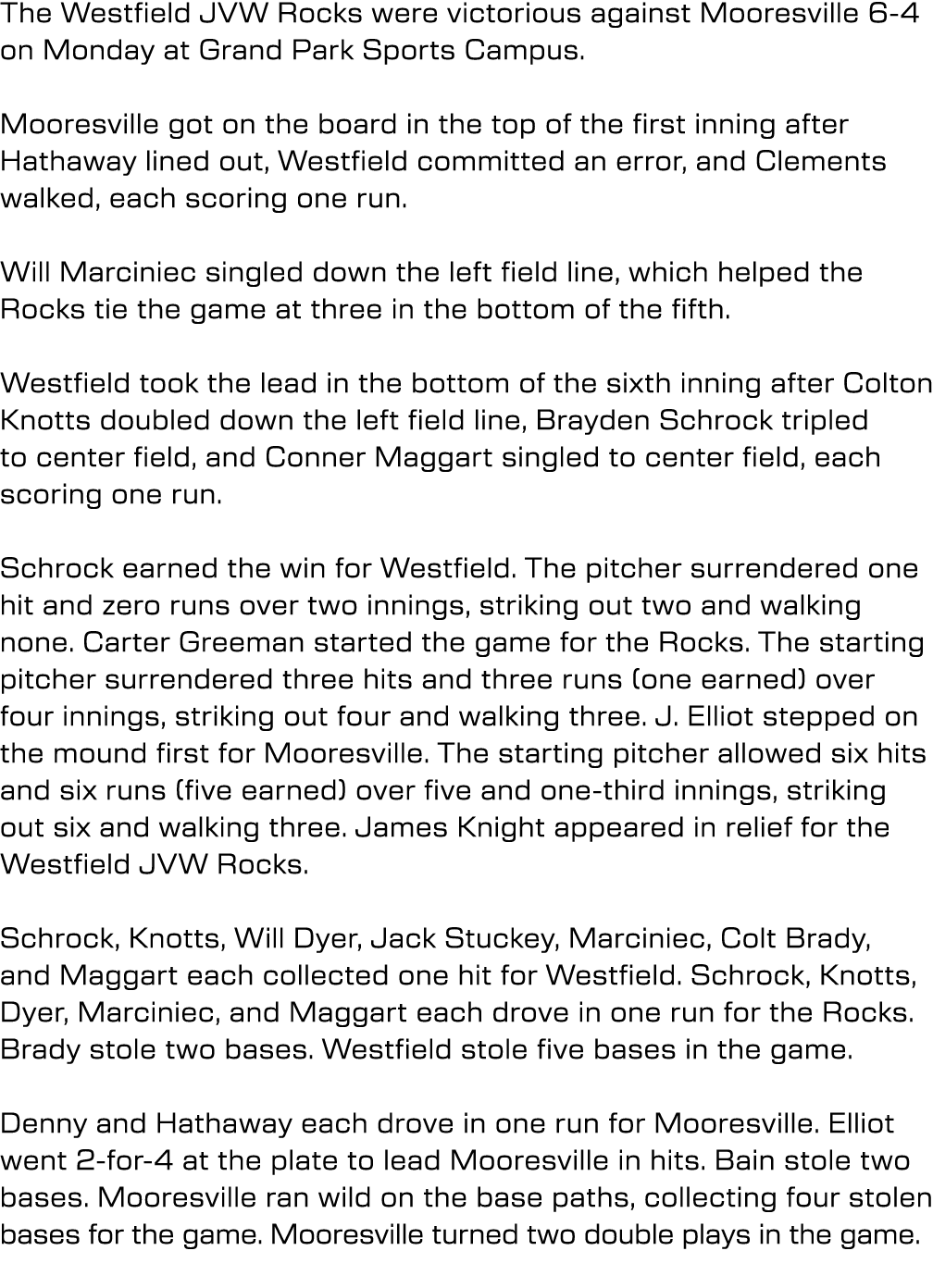 The Westfield JVW Rocks were victorious against Mooresville 6-4 on Monday at Grand Park Sports Campus. Mooresville go...