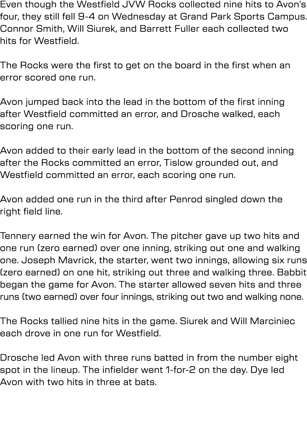 Even though the Westfield JVW Rocks collected nine hits to Avon’s four, they still fell 9-4 on Wednesday at Grand Par...