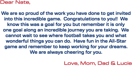 Dear Nate, We are so proud of the work you have done to get invited into this incredible game. Congratulations to you...