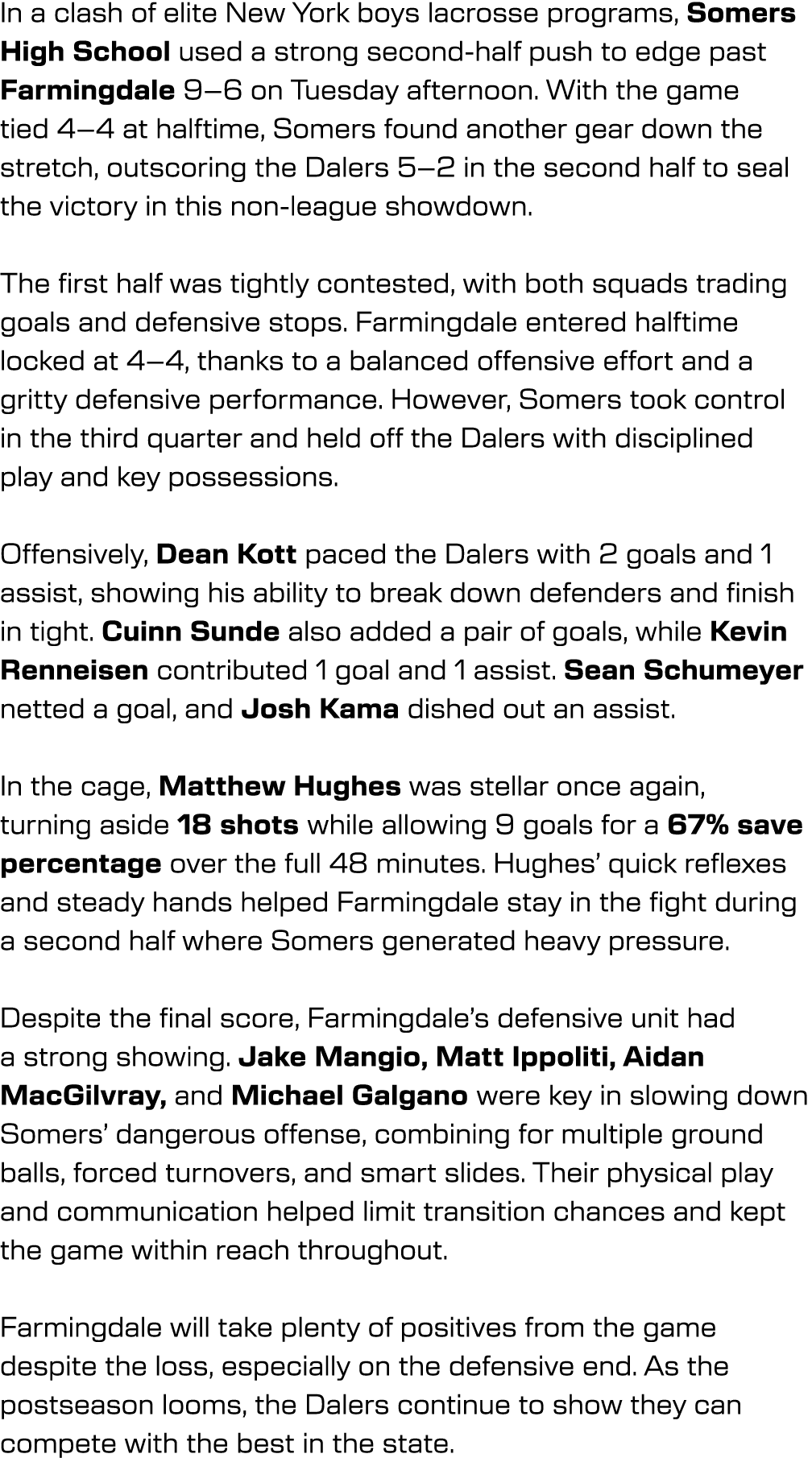 In a clash of elite New York boys lacrosse programs, Somers High School used a strong second half push to edge past F...