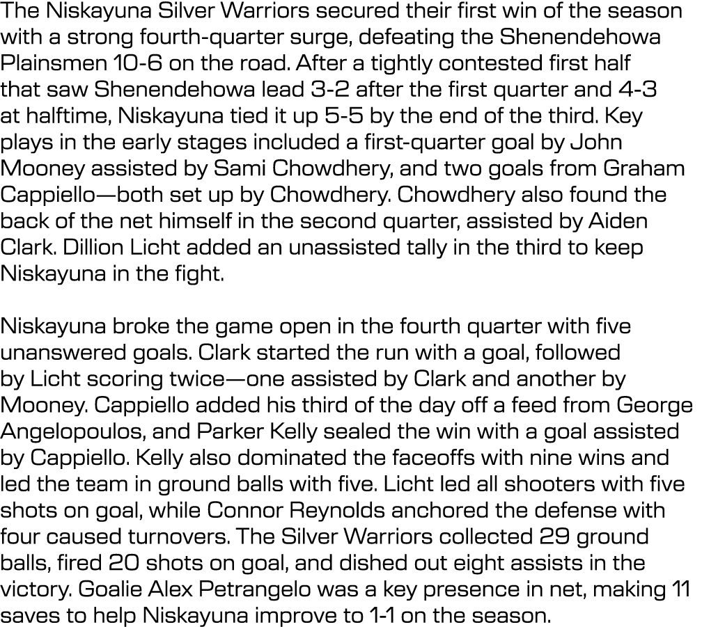 The Niskayuna Silver Warriors secured their first win of the season with a strong fourth-quarter surge, defeating the...