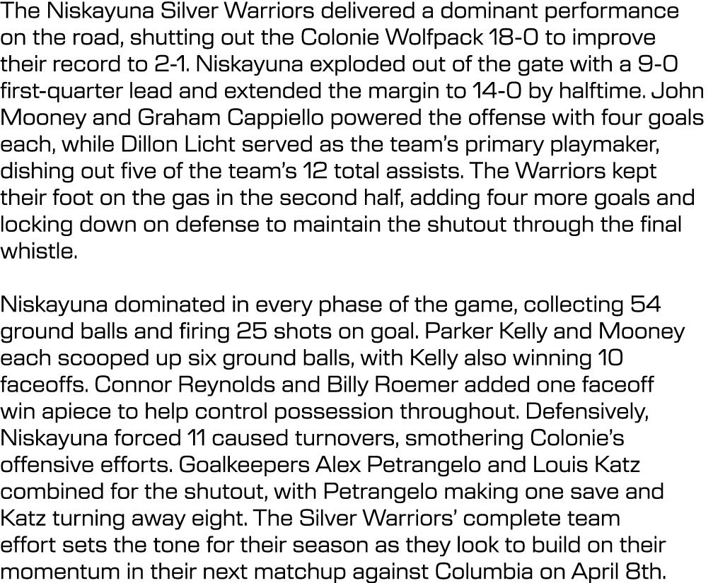 The Niskayuna Silver Warriors delivered a dominant performance on the road, shutting out the Colonie Wolfpack 18-0 to...