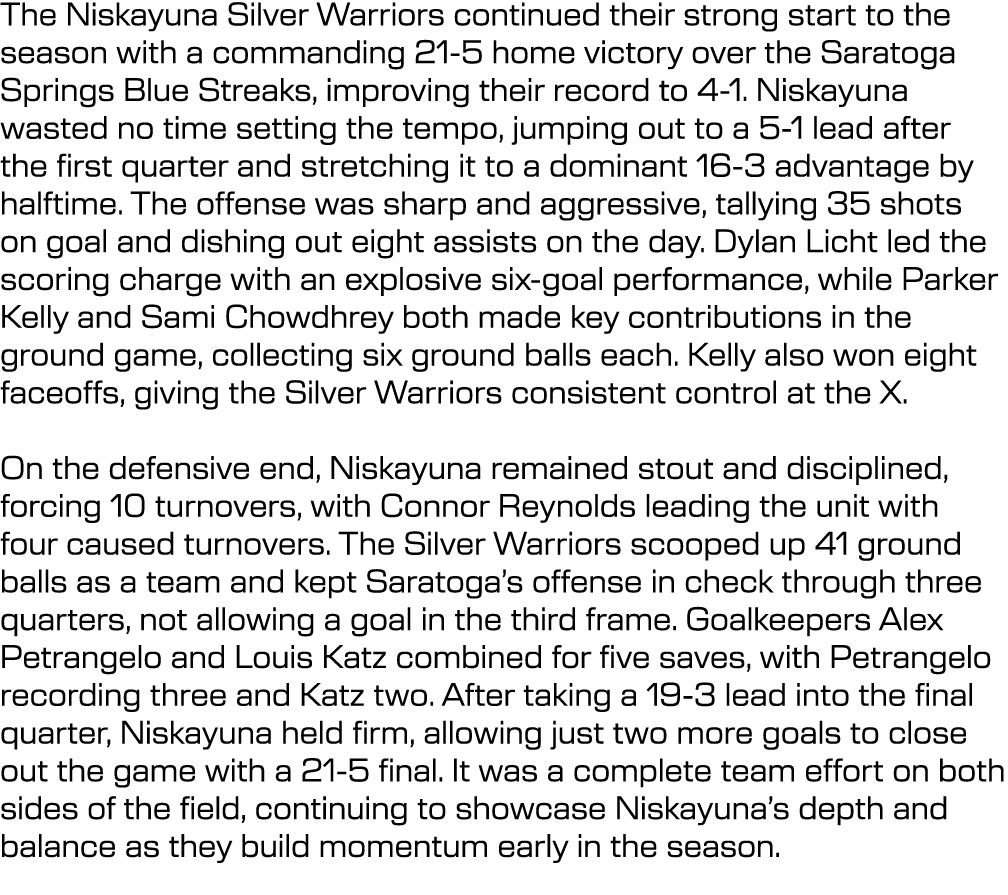 The Niskayuna Silver Warriors continued their strong start to the season with a commanding 21-5 home victory over the...