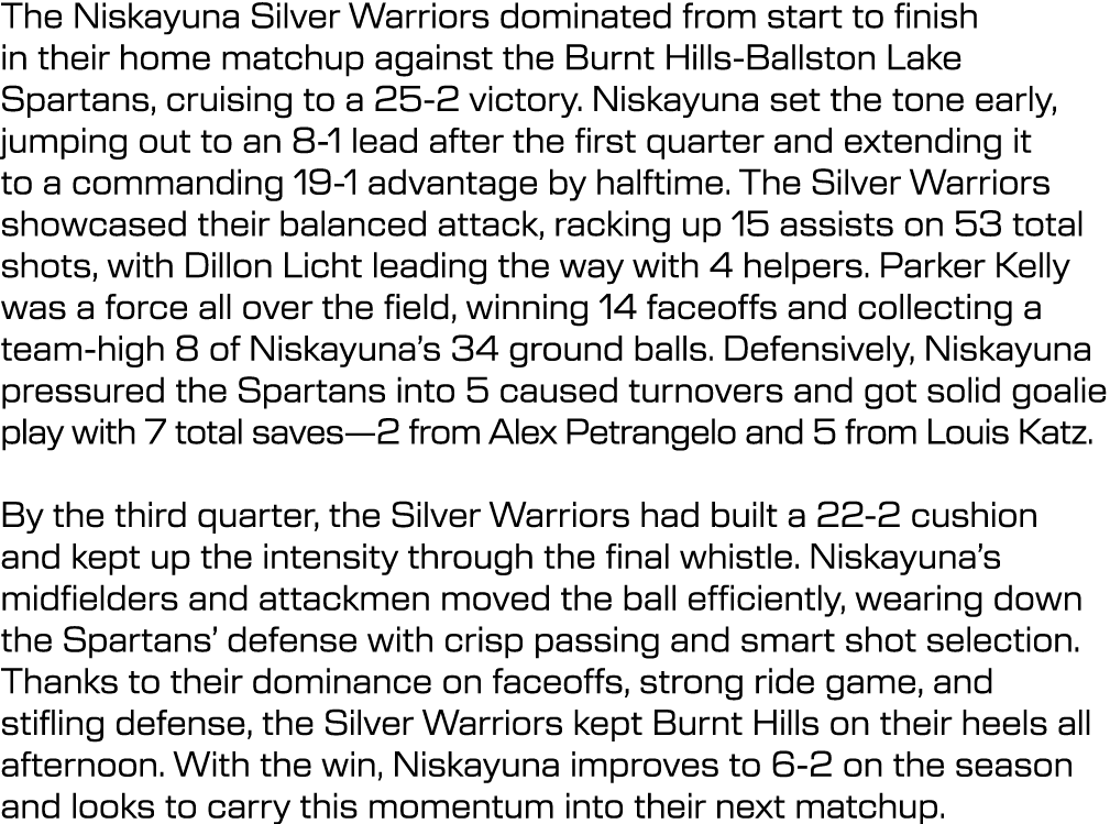 The Niskayuna Silver Warriors dominated from start to finish in their home matchup against the Burnt Hills-Ballston L...