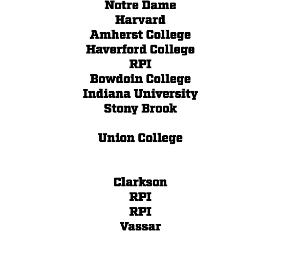 Notre Dame Harvard Amherst College Haverford College RPI Bowdoin College Indiana University Stony Brook Union College...