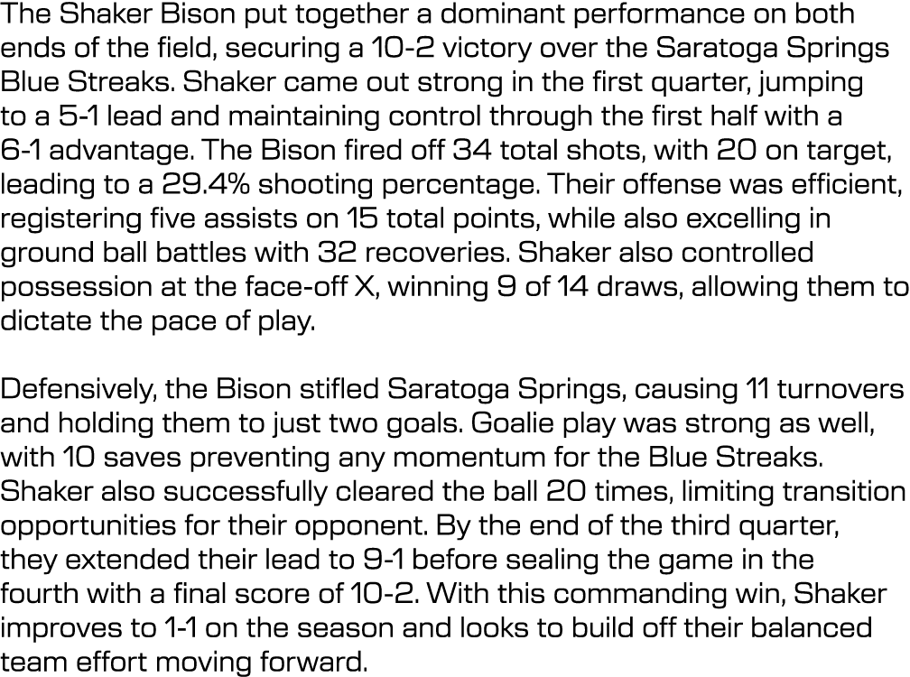 The Shaker Bison put together a dominant performance on both ends of the field, securing a 10 2 victory over the Sara...