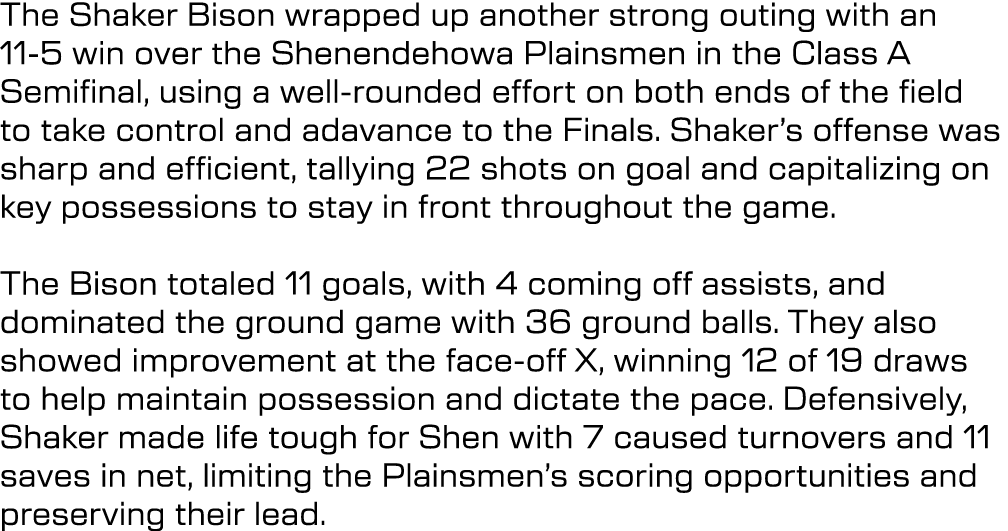 The Shaker Bison wrapped up another strong outing with an 11 5 win over the Shenendehowa Plainsmen in the Class A Sem...