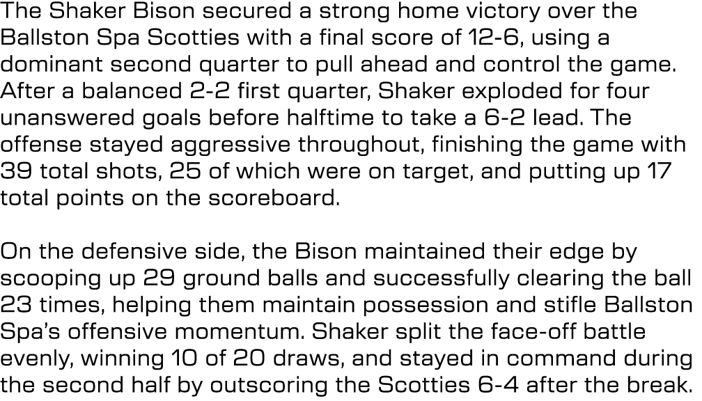 The Shaker Bison secured a strong home victory over the Ballston Spa Scotties with a final score of 12 6, using a dom...