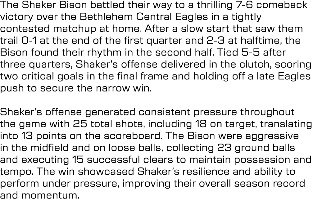 The Shaker Bison battled their way to a thrilling 7 6 comeback victory over the Bethlehem Central Eagles in a tightly...