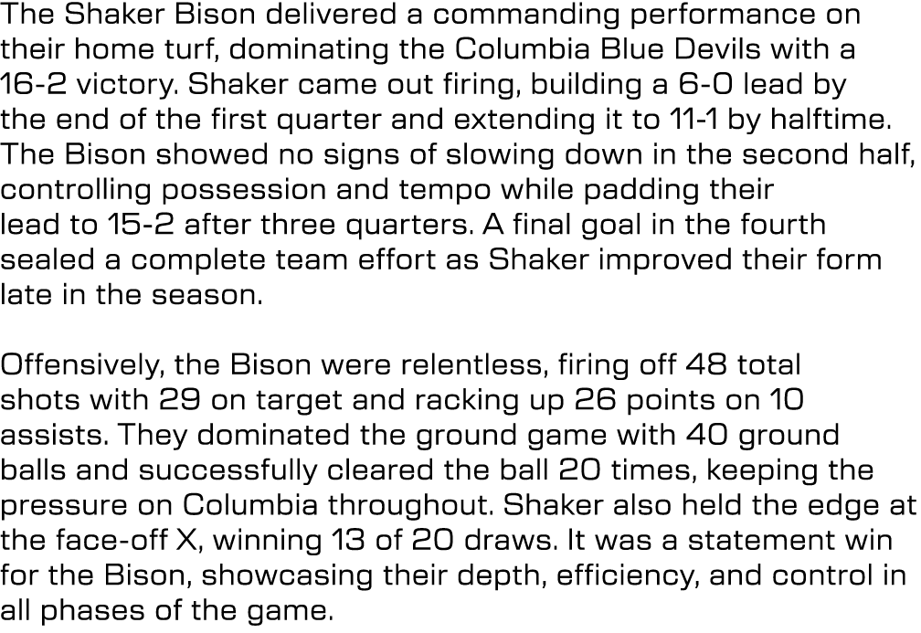 The Shaker Bison delivered a commanding performance on their home turf, dominating the Columbia Blue Devils with a 16...