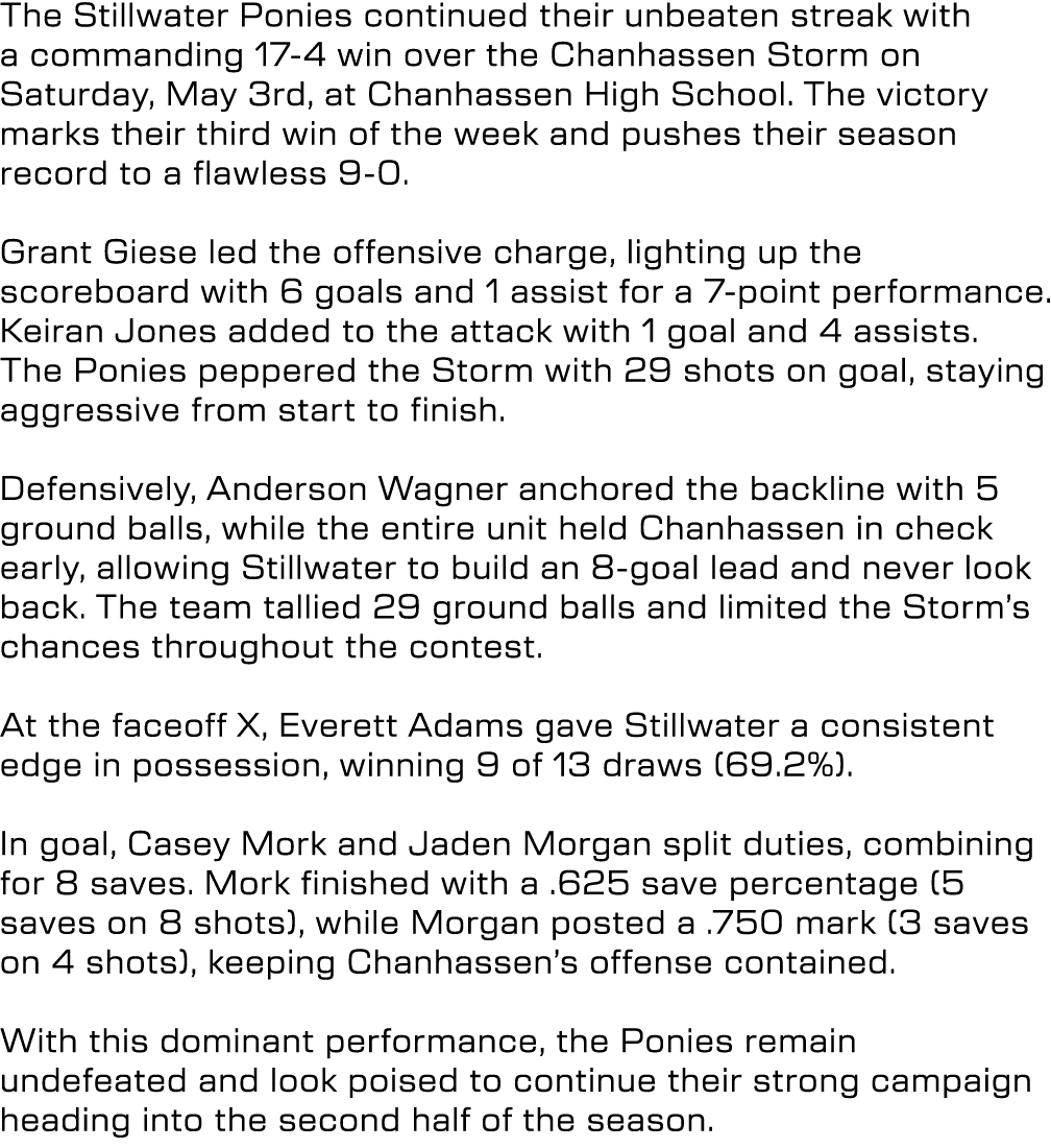 The Stillwater Ponies continued their unbeaten streak with a commanding 17 4 win over the Chanhassen Storm on Saturda...