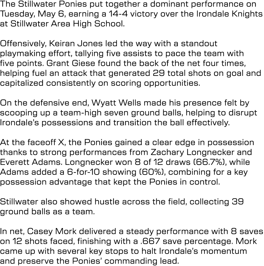 The Stillwater Ponies put together a dominant performance on Tuesday, May 6, earning a 14 4 victory over the Irondale...