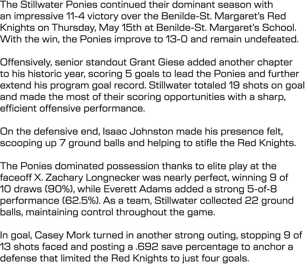 The Stillwater Ponies continued their dominant season with an impressive 11 4 victory over the Benilde St. Margaret’s...