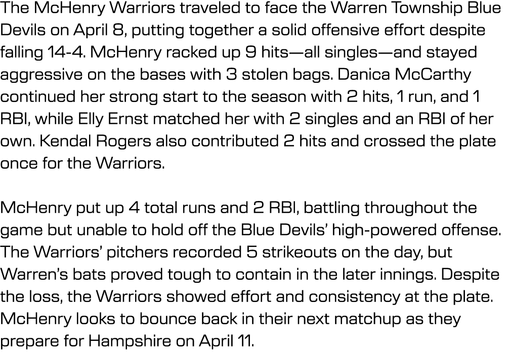 The McHenry Warriors traveled to face the Warren Township Blue Devils on April 8, putting together a solid offensive ...