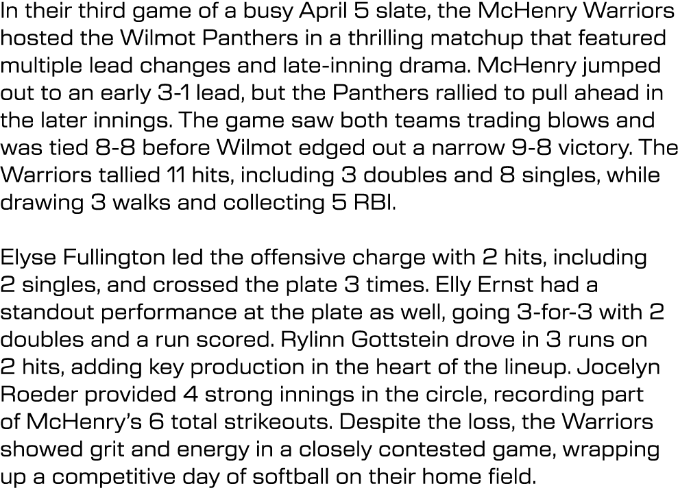 In their third game of a busy April 5 slate, the McHenry Warriors hosted the Wilmot Panthers in a thrilling matchup t...