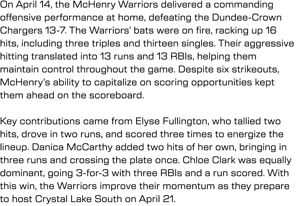 On April 14, the McHenry Warriors delivered a commanding offensive performance at home, defeating the Dundee Crown Ch...