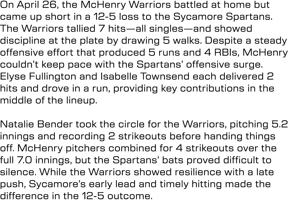 On April 26, the McHenry Warriors battled at home but came up short in a 12 5 loss to the Sycamore Spartans. The Warr...