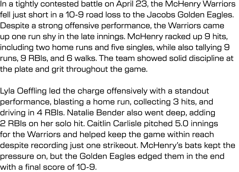 In a tightly contested battle on April 23, the McHenry Warriors fell just short in a 10 9 road loss to the Jacobs Gol...