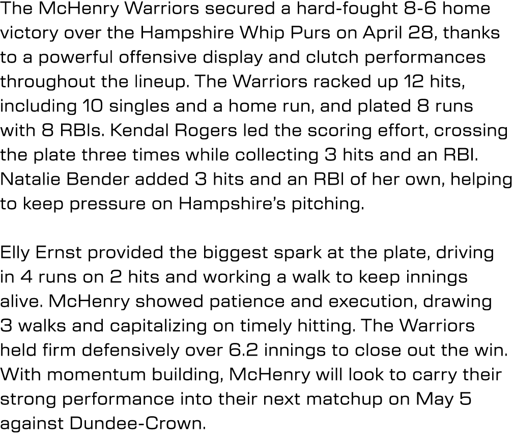 The McHenry Warriors secured a hard fought 8 6 home victory over the Hampshire Whip Purs on April 28, thanks to a pow...