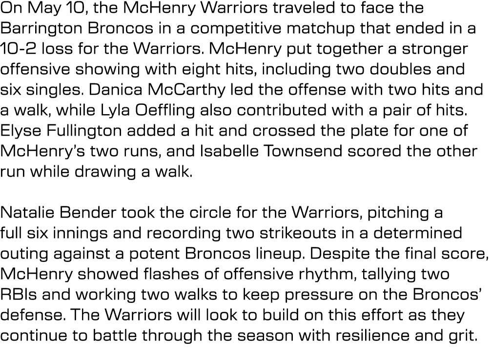 On May 10, the McHenry Warriors traveled to face the Barrington Broncos in a competitive matchup that ended in a 10 2...