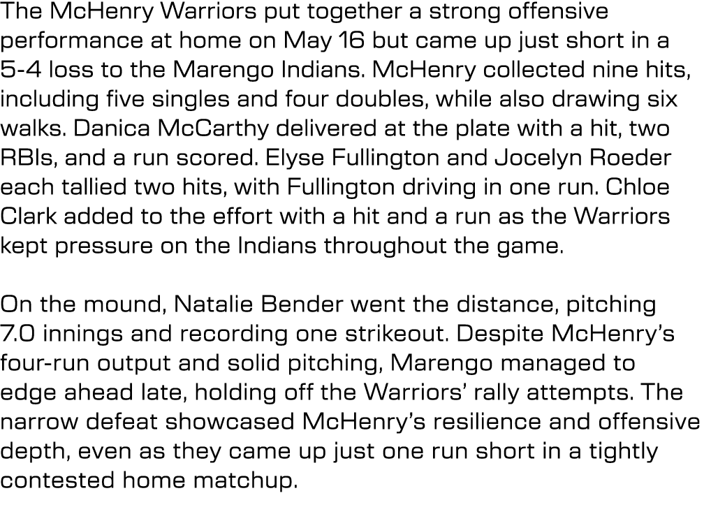 The McHenry Warriors put together a strong offensive performance at home on May 16 but came up just short in a 5 4 lo...