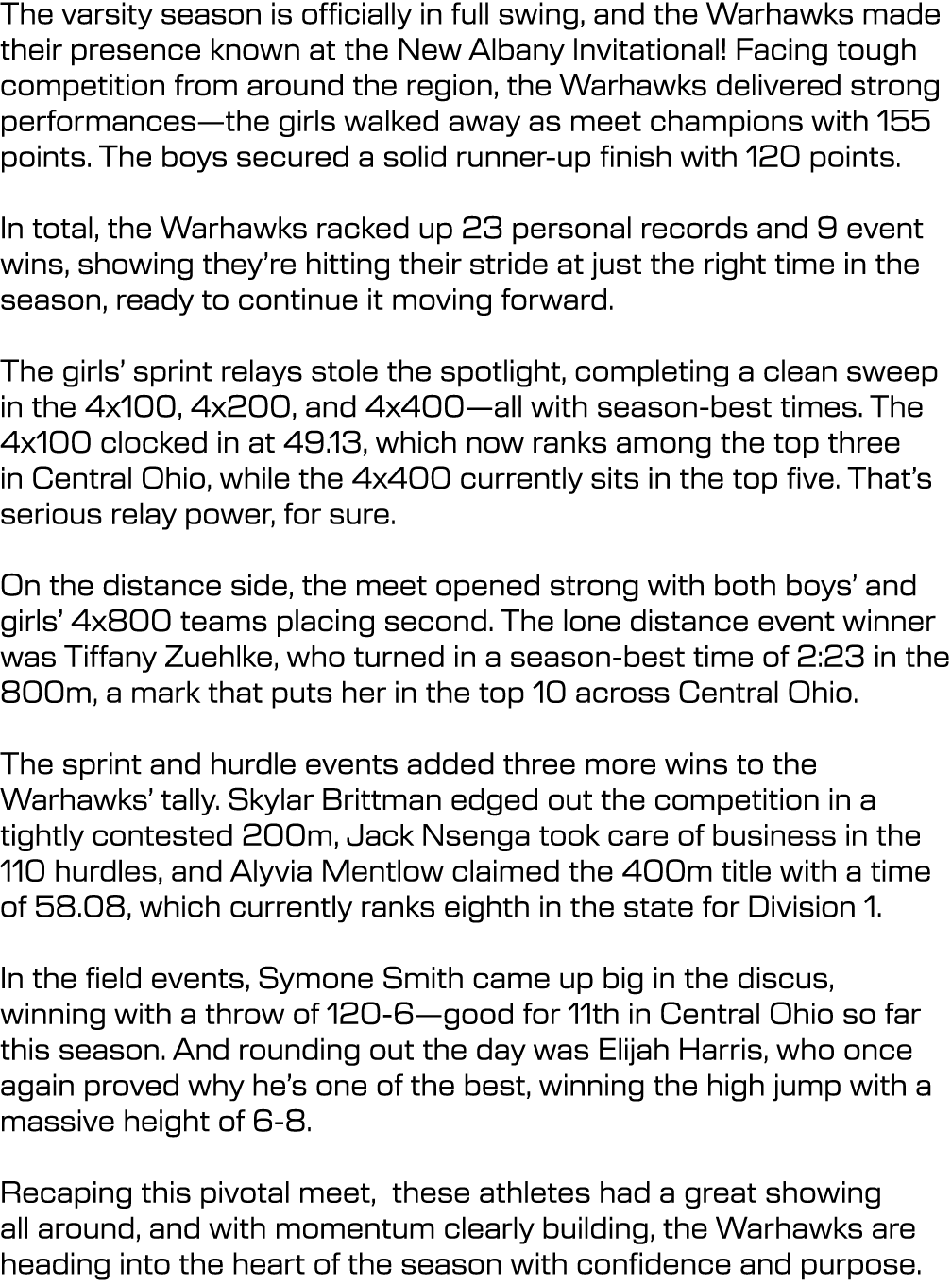 The varsity season is officially in full swing, and the Warhawks made their presence known at the New Albany Invitati...