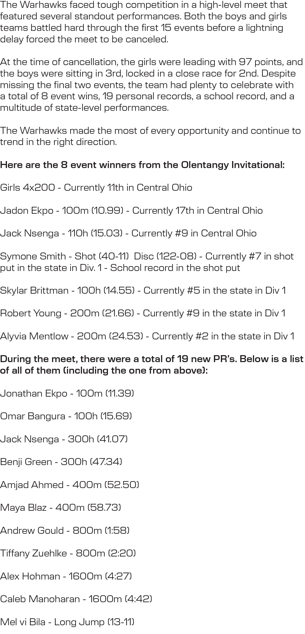 The Warhawks faced tough competition in a high level meet that featured several standout performances. Both the boys ...