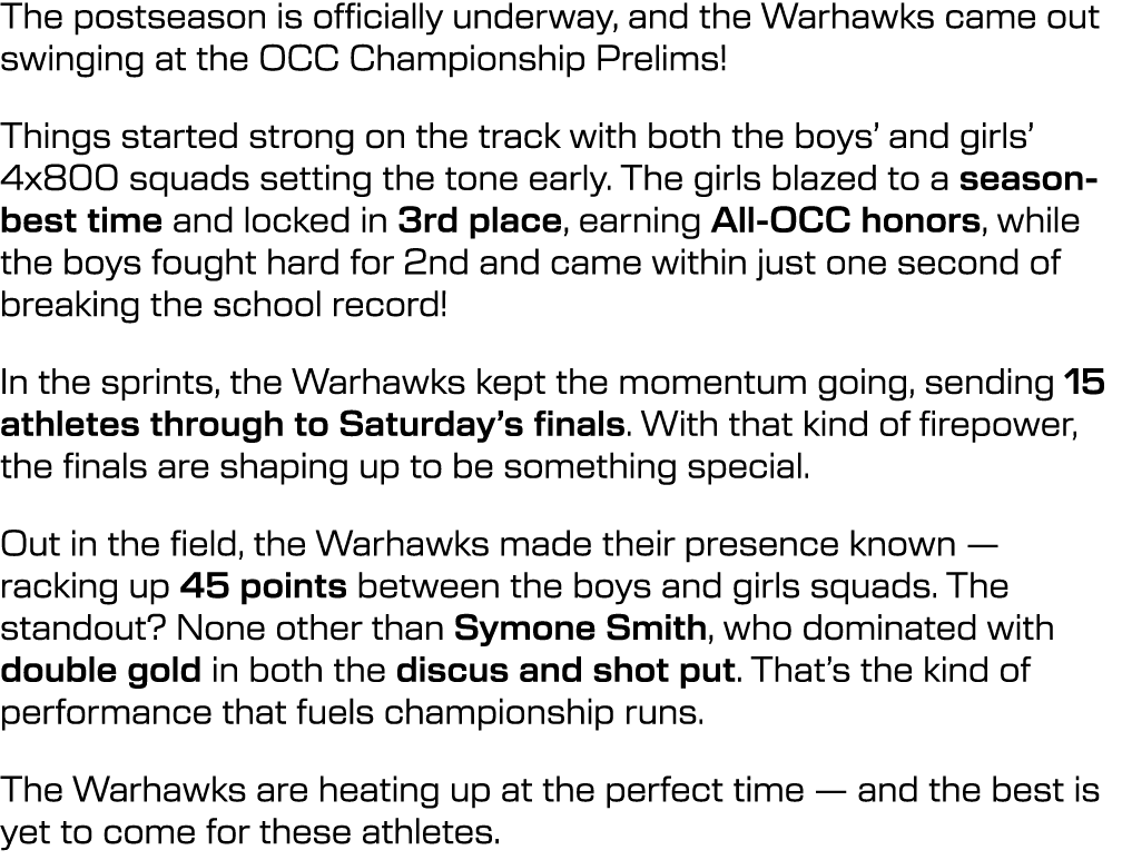 The postseason is officially underway, and the Warhawks came out swinging at the OCC Championship Prelims! Things sta...