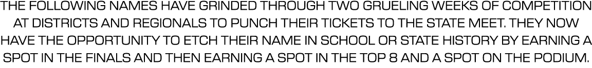 The following names have grinded through two grueling weeks of competition at districts and regionals to punch their ...